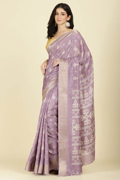 Lavender Cotton Silk Printed And Zari Woven Saree