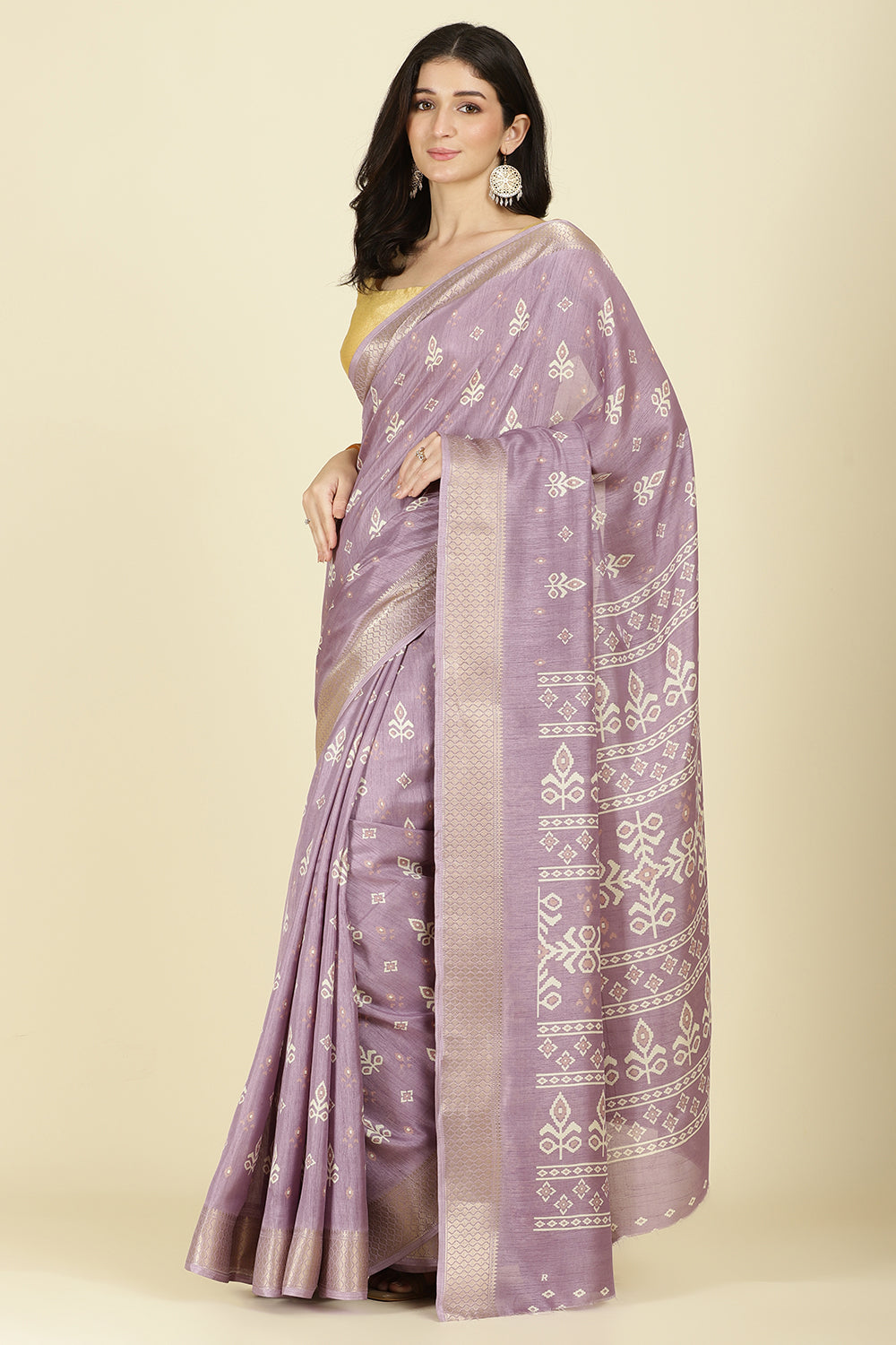 Lavender Cotton Silk Printed And Zari Woven Saree