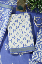 Blue Floral Block Print Cotton Unstitched Suit Fabric