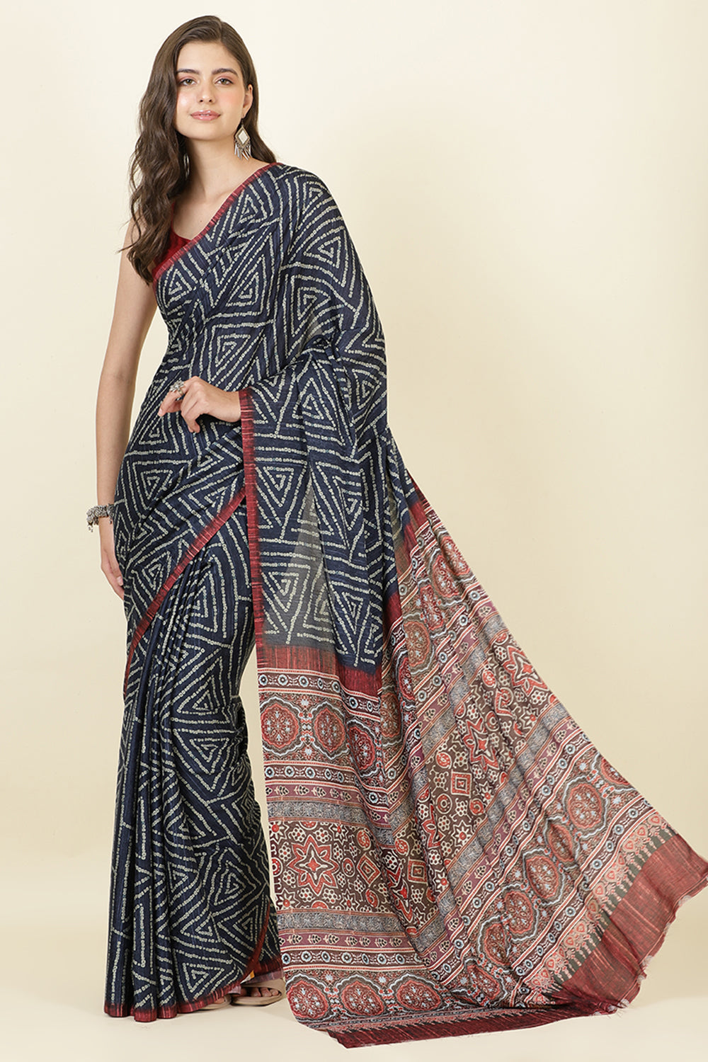 Navy Jacquard Silk Bandhani Printed Saree