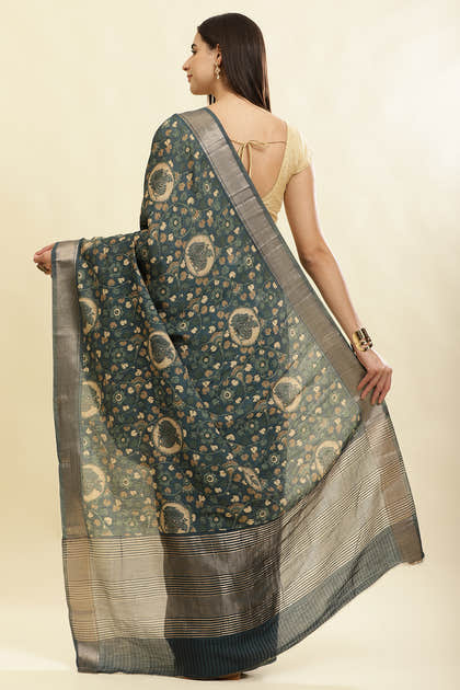 Blue Floral Printed & Zari Border Cotton Silk Saree