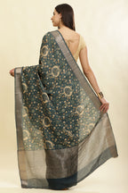 Blue Floral Printed & Zari Border Cotton Silk Saree