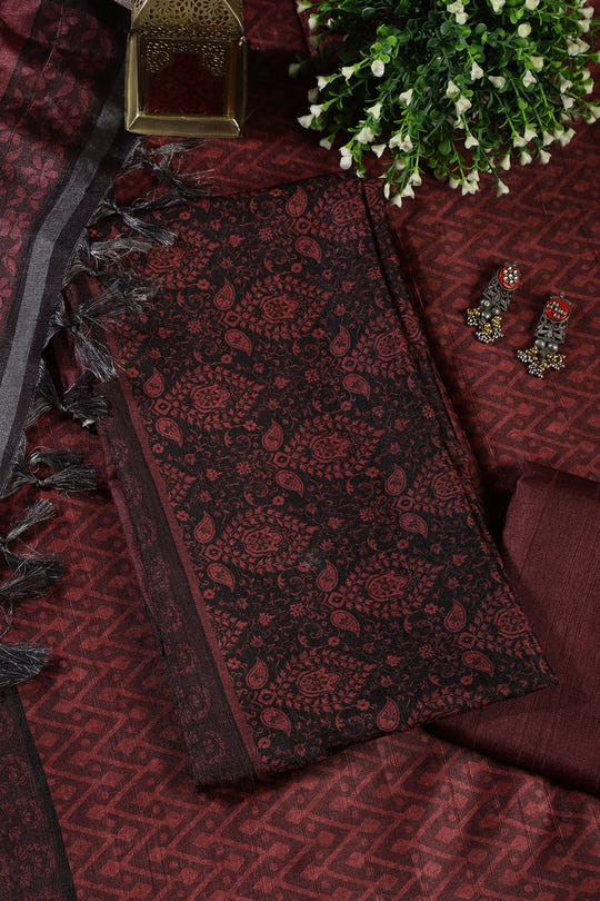 Maroon And Black Digital Printed Chanderi Cotton Unstiched Suit Material