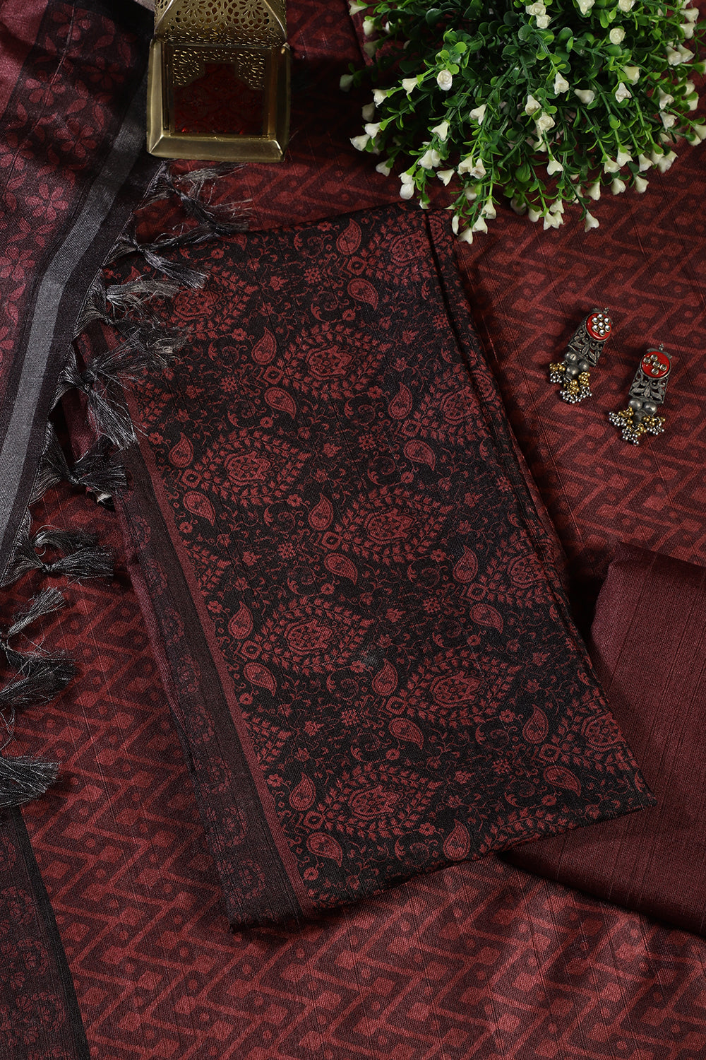 Maroon And Black Digital Printed Chanderi Cotton Unstiched Suit Material