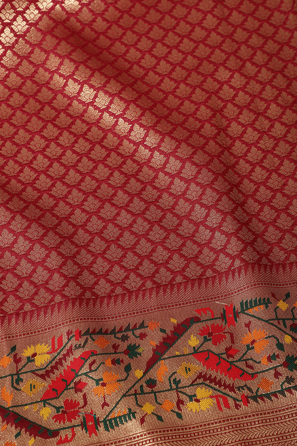 Dark Scarlet Soft Silk Zari and Resham woven Saree