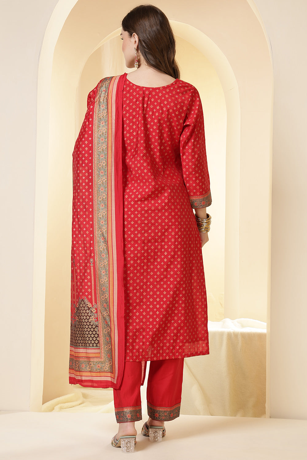 Red Color Printed Silk Embroidered Suit Set