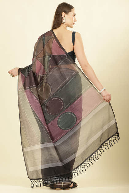 Black Organza Cotton Printed Saree