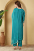 Turquoise Color Cotton Silk Printed & Neck Embroidered Suit