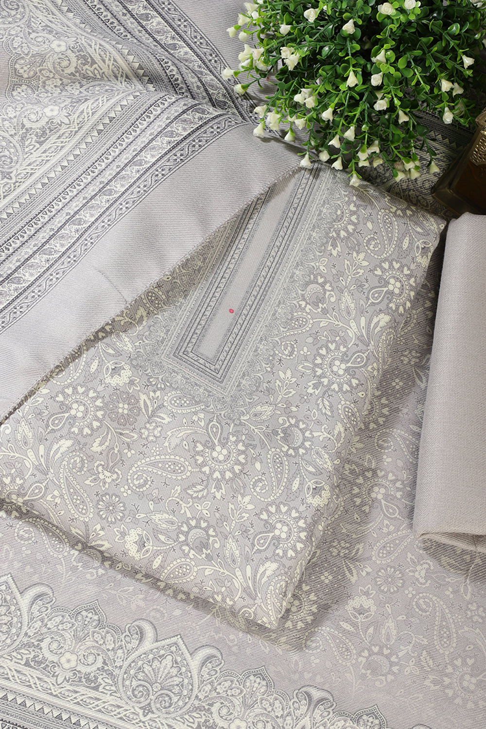 Light Grey Digital Printed Pashmina Unstitched Suit Material
