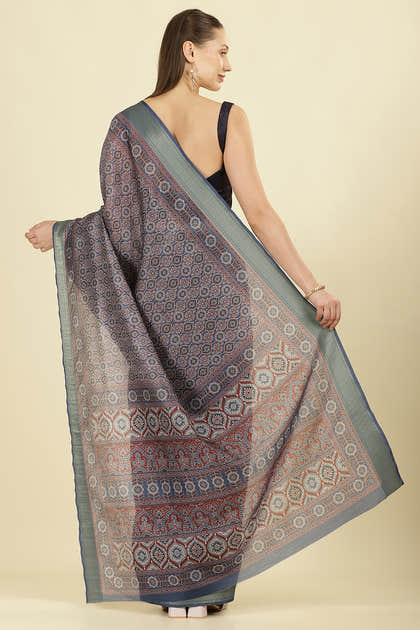 Blue Ajrakh Block Printed Cotton Saree