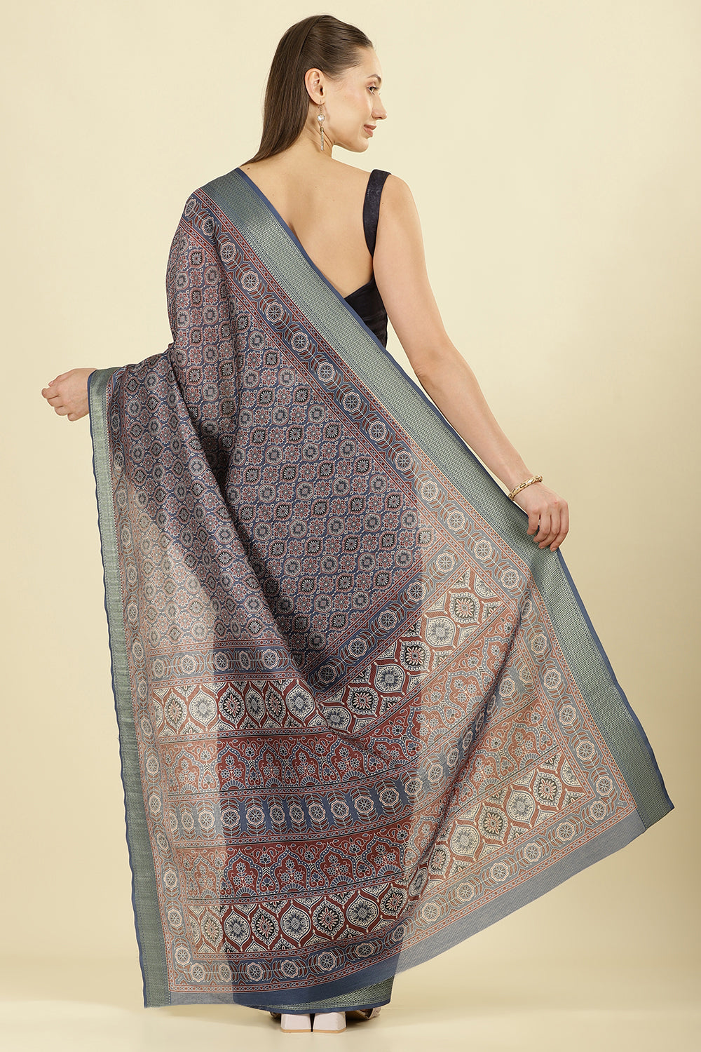 Blue Ajrakh Block Printed Cotton Saree