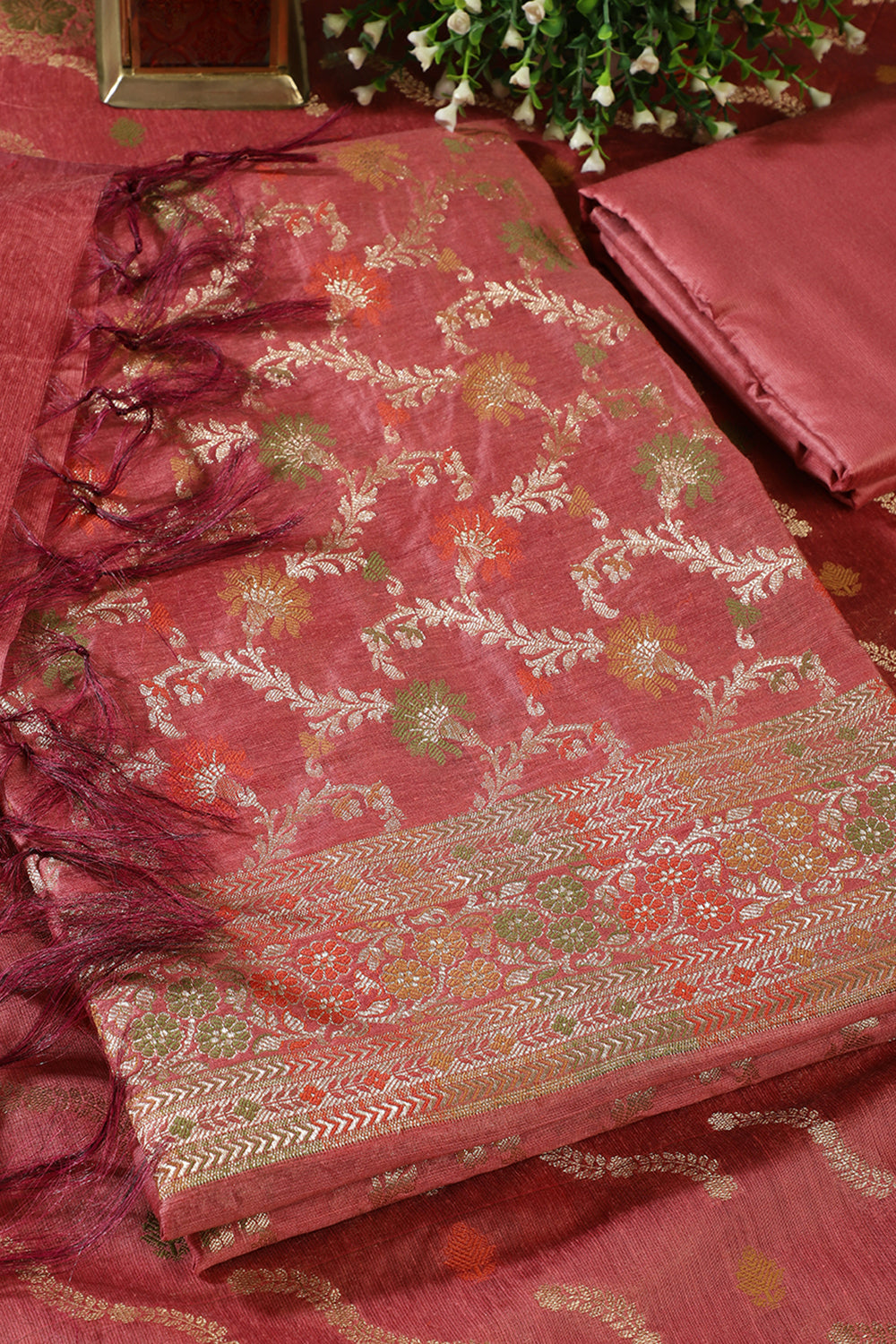 Pastel Coral Chanderi Silk Resham And Zari Woven Unstitched Suit Material