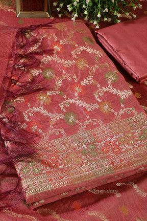 Pastel Coral Chanderi Silk Resham And Zari Woven Unstitched Suit Material
