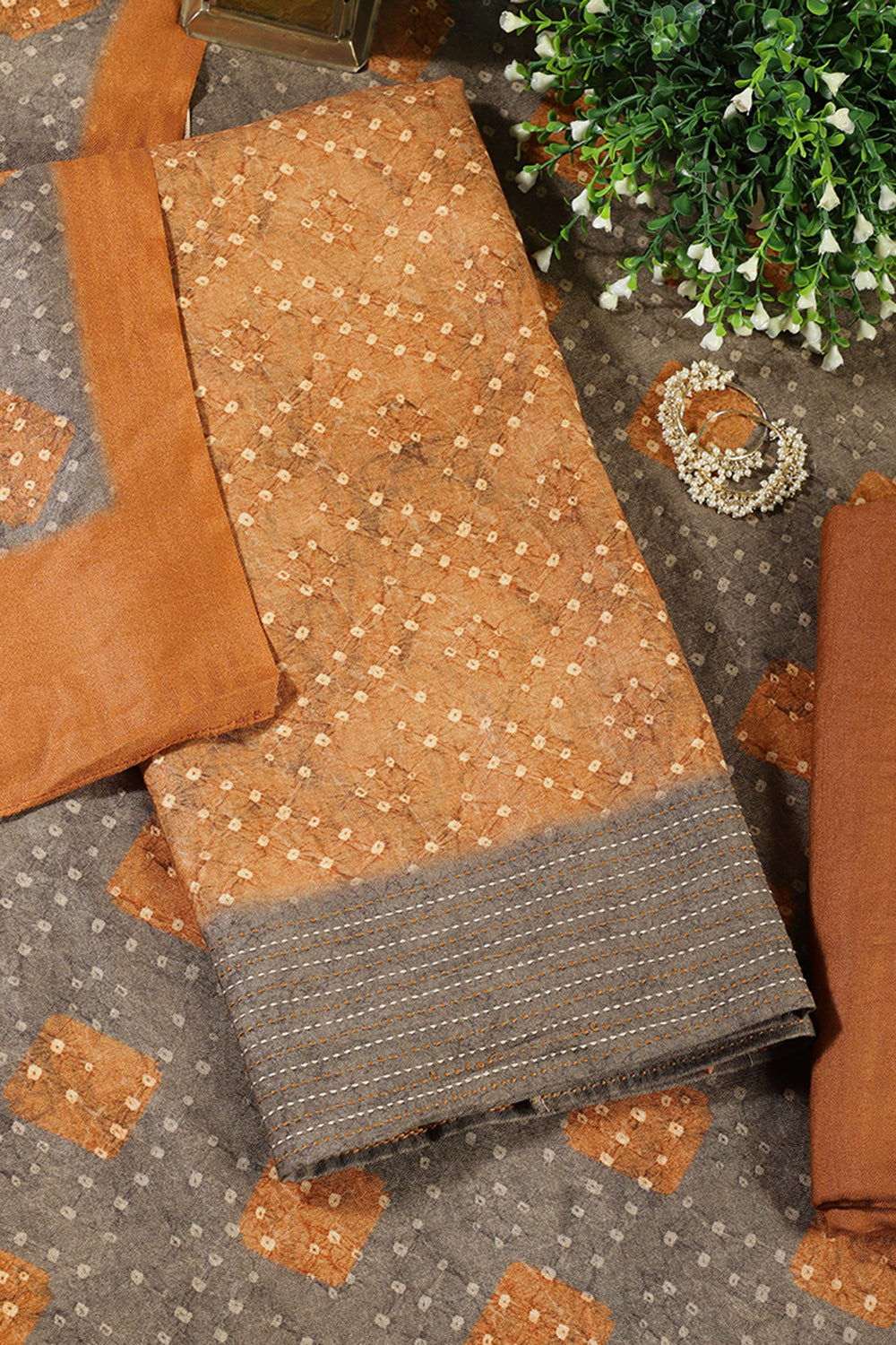 Mustard Spun Bandhani Printed Unstitched Suit Fabric