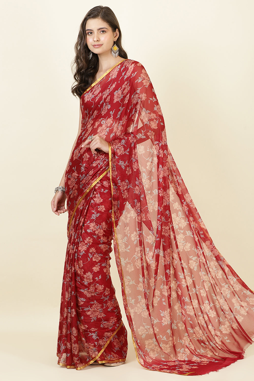 Maroon Zari Border & Floral Printed Chiffon Saree