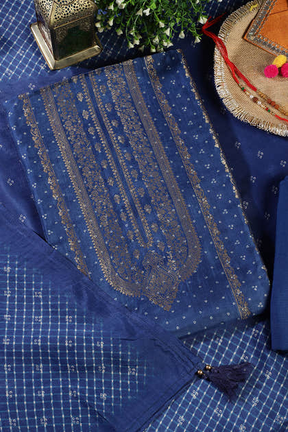 Royal Blue Zari Woven And Bandhani Printed Silk Unstitched Suit Fabric