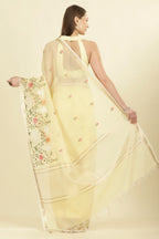 Yellow Kota Cotton Floral Resham Embroidered And Zari Woven Saree