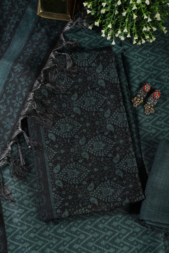 Mint Green And Black Digital Printed Chanderi Cotton Unstiched Suit Material
