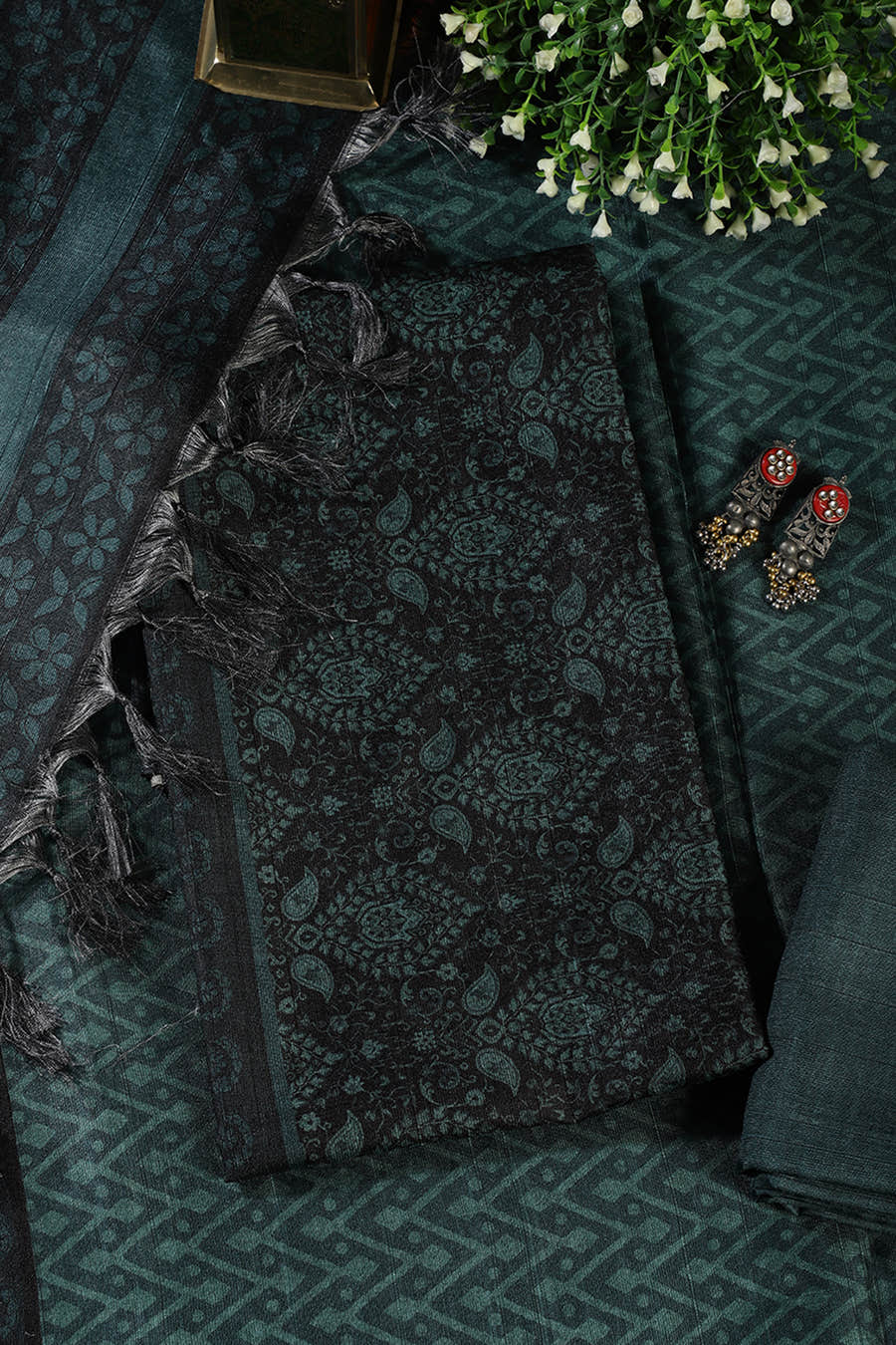 Mint Green And Black Digital Printed Chanderi Cotton Unstiched Suit Material