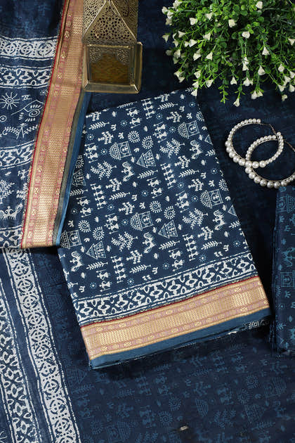 Navy Warli Print Cotton Unstitched Suit Material