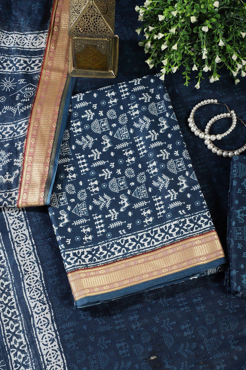 Navy Warli Print Cotton Unstitched Suit Material