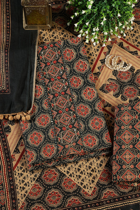 Bottle Green Cambric Cotton Printed And Mirror Wrok Unstitched Suit Material