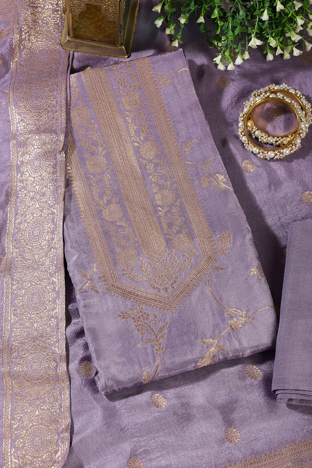 Lavender Banarsi Floral Woven Silk Unstitched Suit