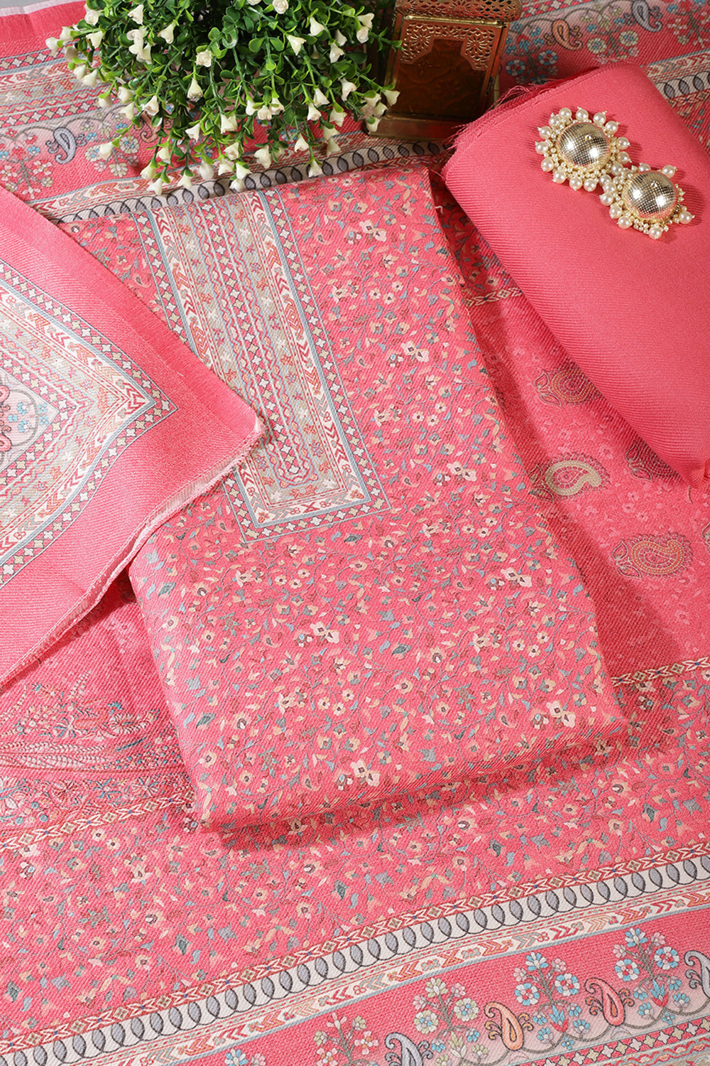 Baby Pink Pashmina Floral Printed Unstitched Suit Fabric