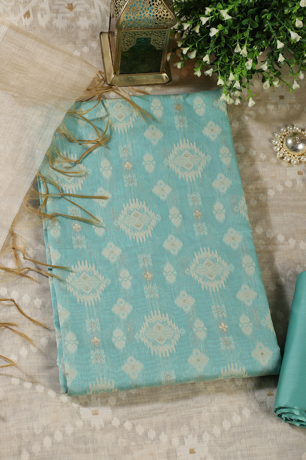 Turquoise  Chanderi Cotton Woven Unstitched Suit