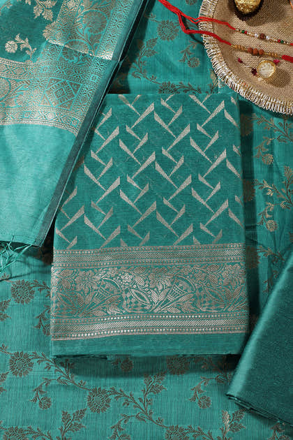 Teal Green Colour Zari Woven Silk Unstitched Suit Material
