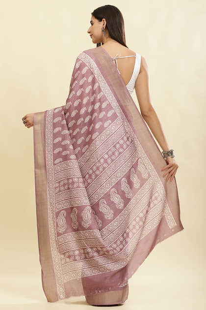 Mauve Cotton Silk Boota Printed And Zari Woven Saree