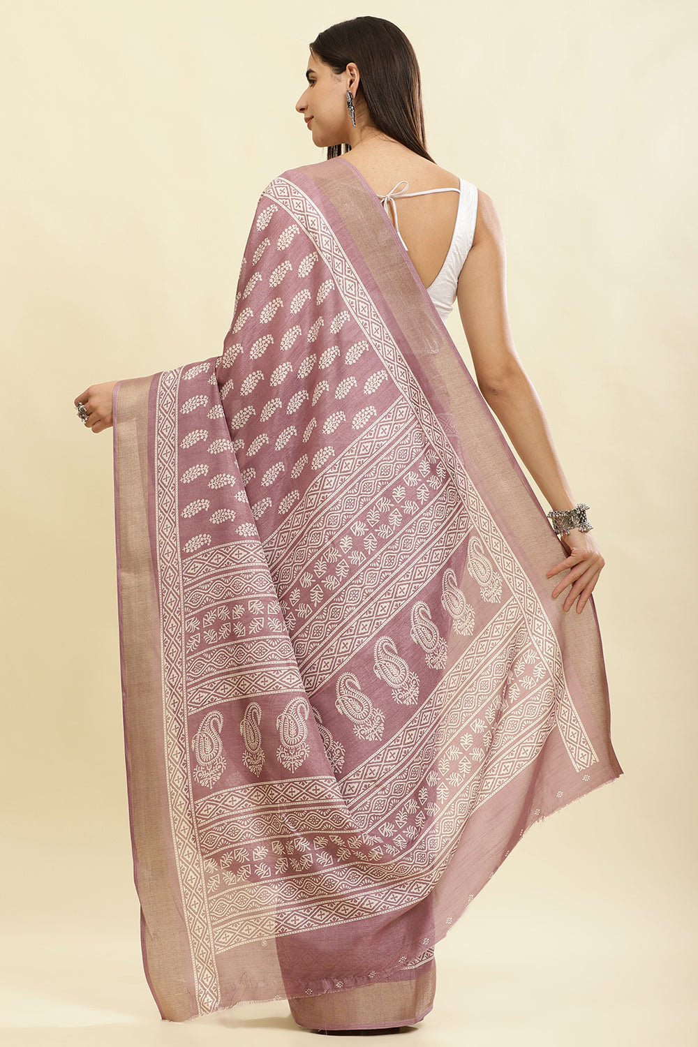Mauve Cotton Silk Boota Printed And Zari Woven Saree