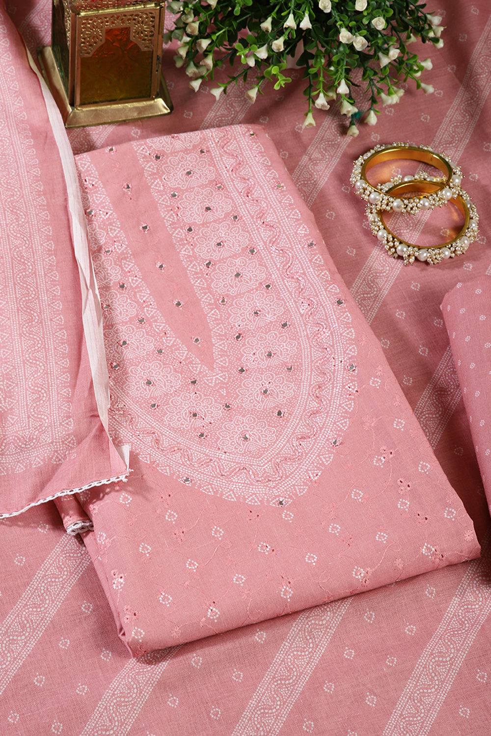 Pink Color Printed & Resham Embroidered Unstitched Suit