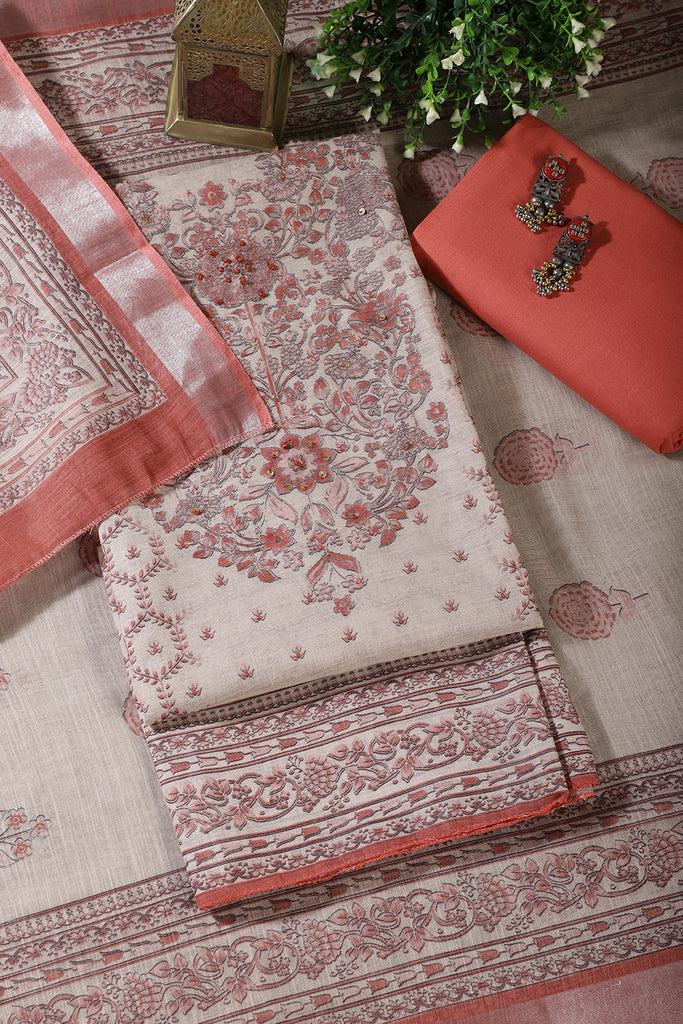 Beige & Peach Floral Printed Unstitched Suit Fabric