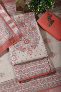 Beige & Peach Floral Printed Unstitched Suit Fabric