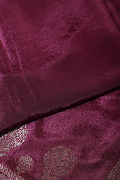 Wine Silk Zari Woven And Embroidered Unstitched Suit Material
