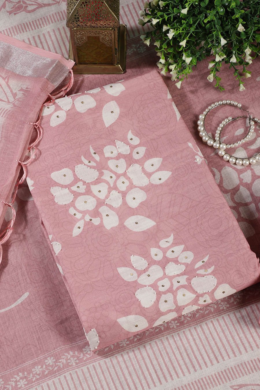 Pink Color Printed Linen Cotton Unstitched Suits