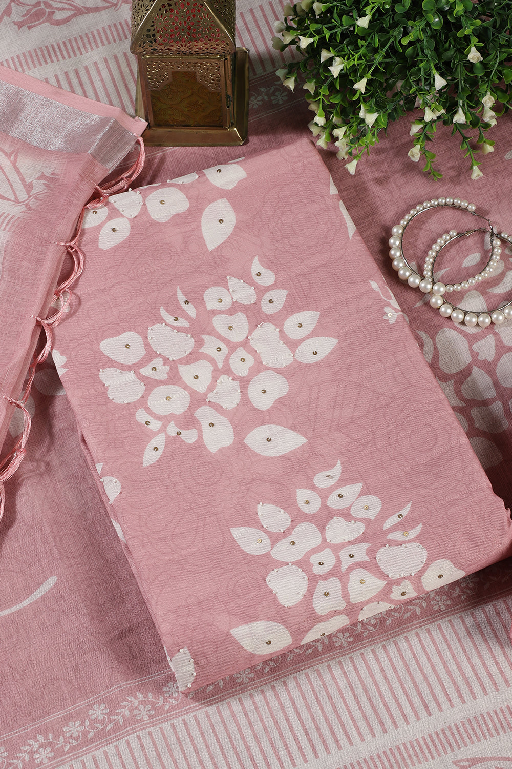 Pink Color Printed Linen Cotton Unstitched Suits