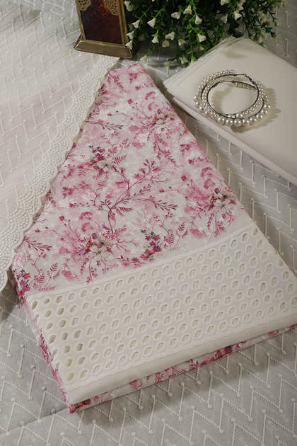 Cream & Pink Cotton Chikankari Work Floral Printed Unstitched Suit