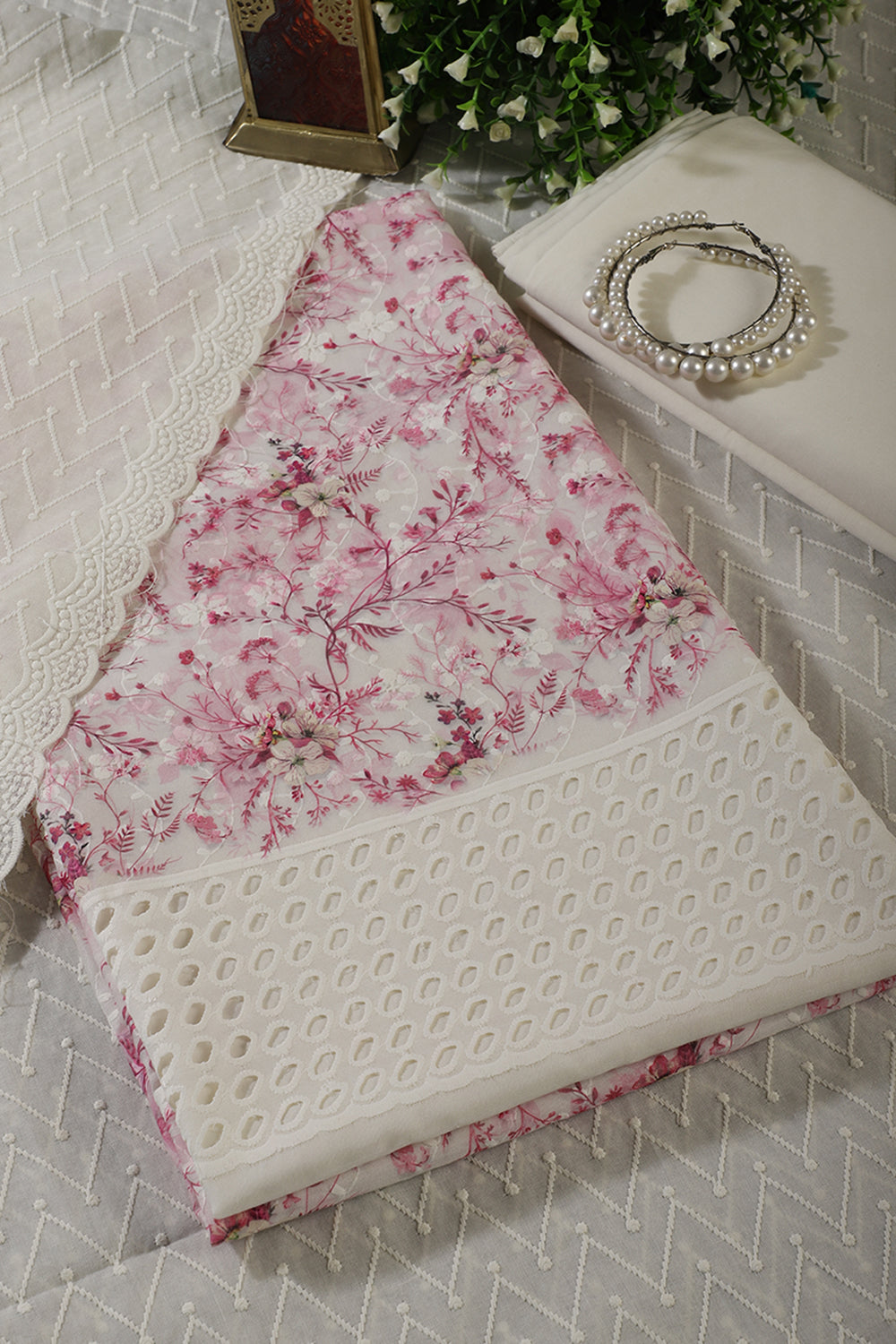 Cream & Pink Cotton Chikankari Work Floral Printed Unstitched Suit