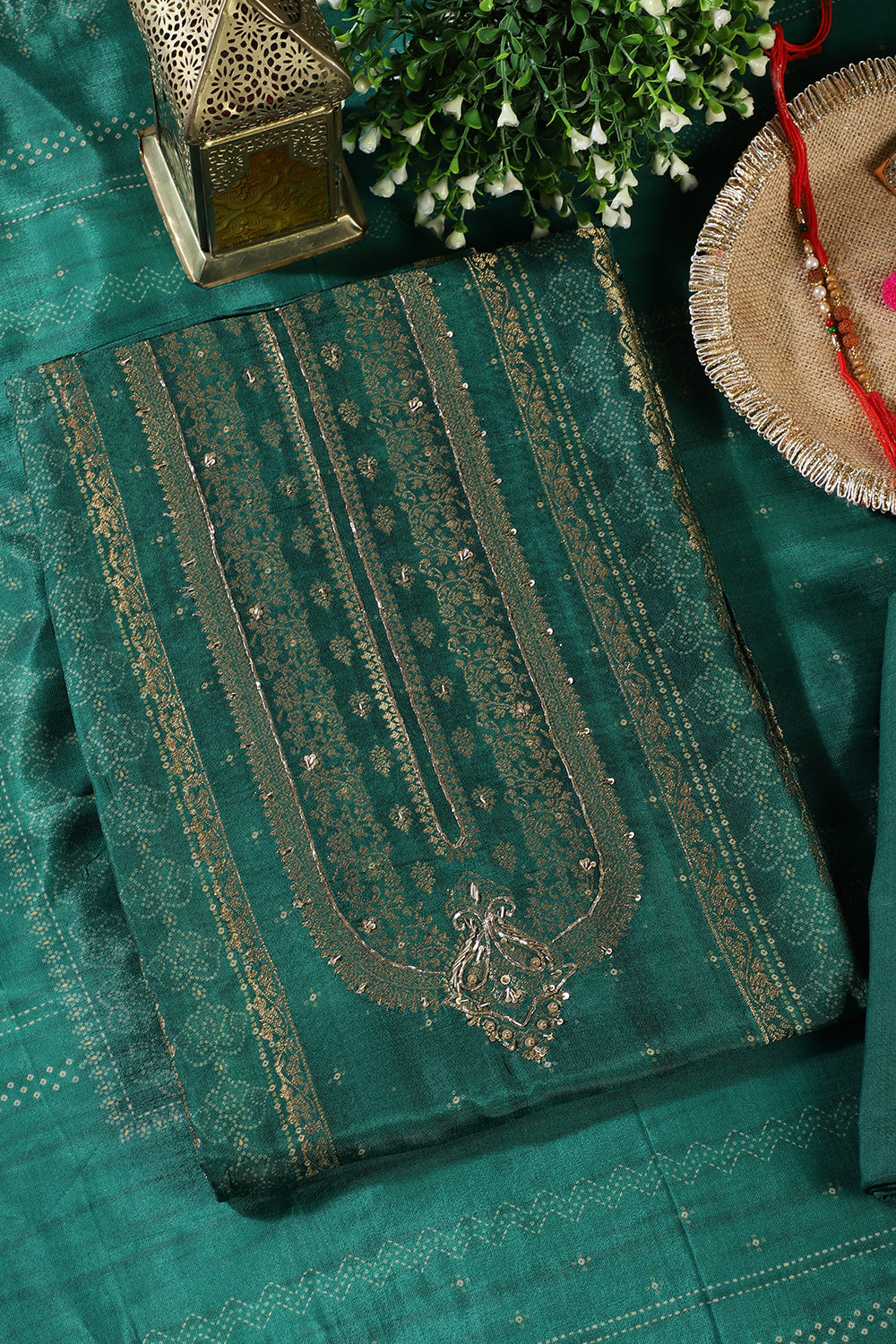 Green Silk Zari Woven And Bandhani Printed Unstitched Suit Fabric