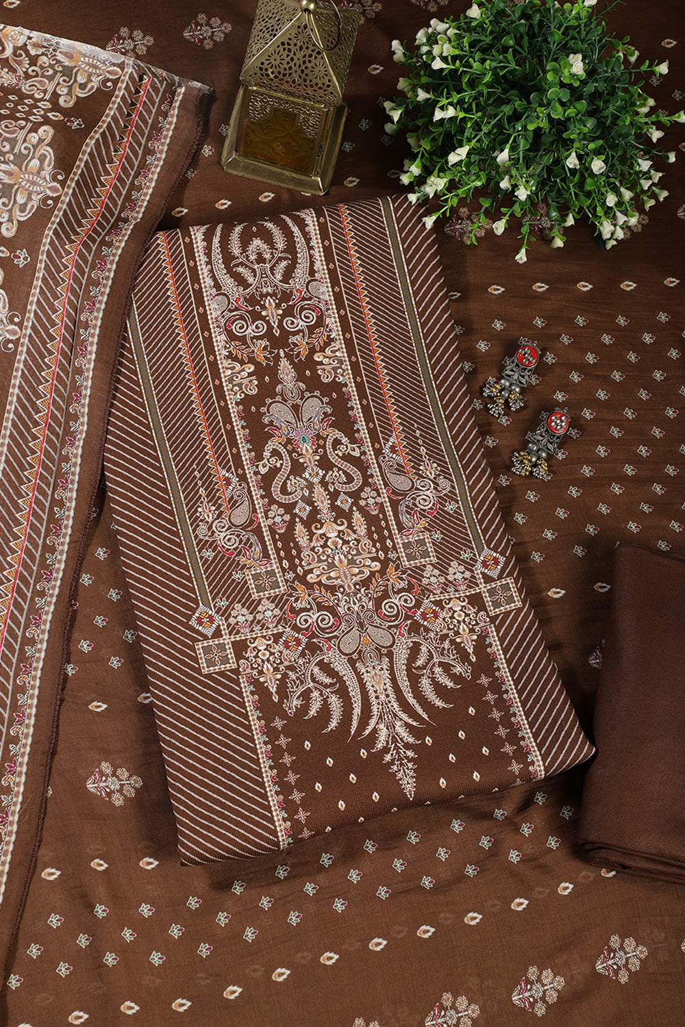 Brown Mughal-Inspired Paisley Printed Spun  Unstitched Suits Fabric