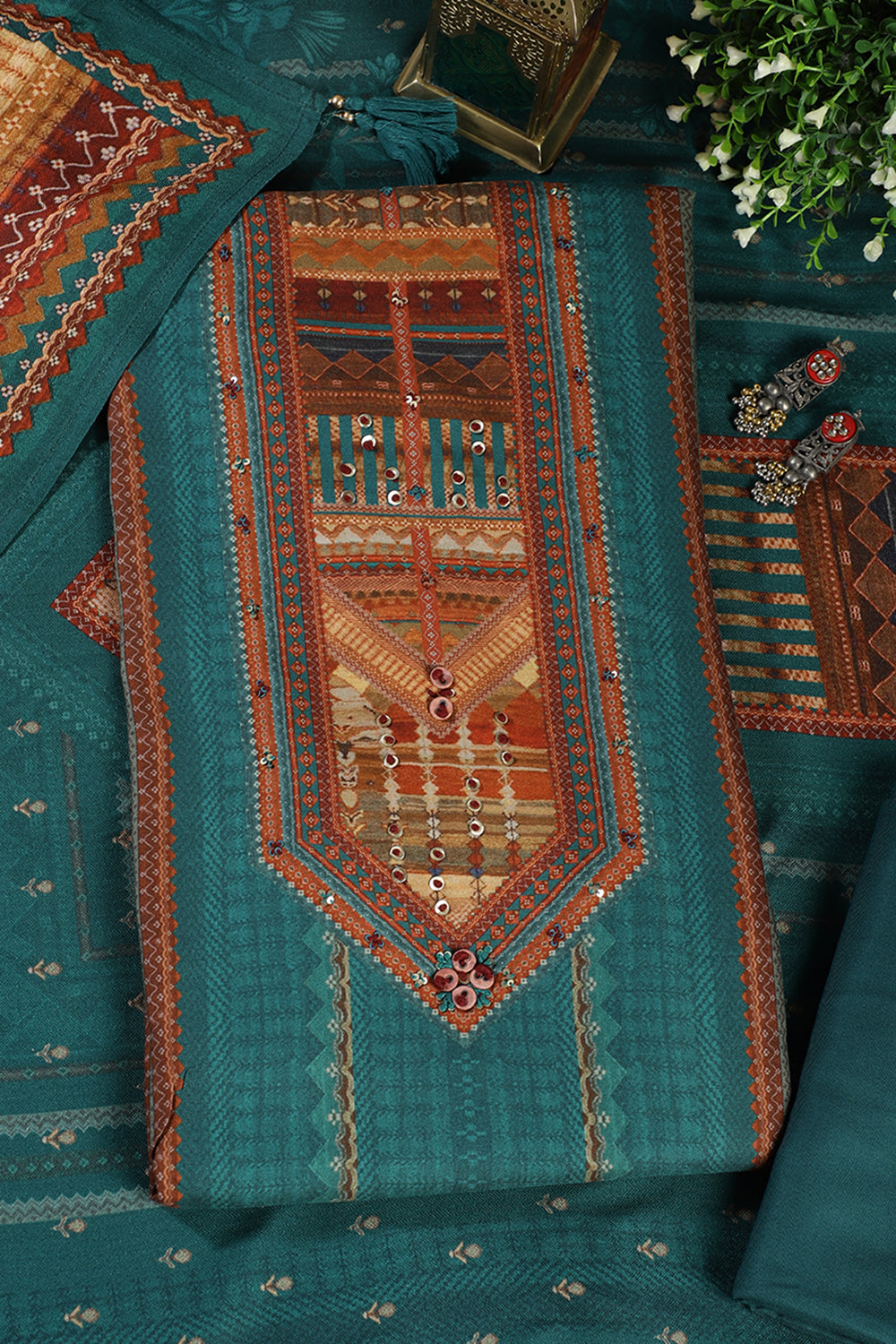 Teal Printed Spun Unstitched Suit Material