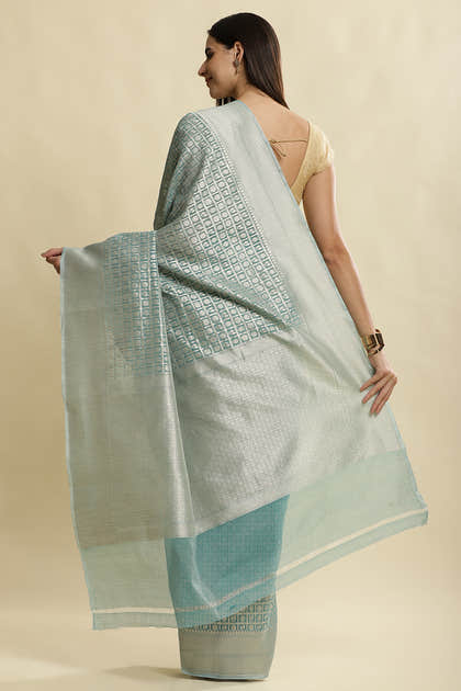 Turquoise Chanderi Silk Zari Weaving Saree