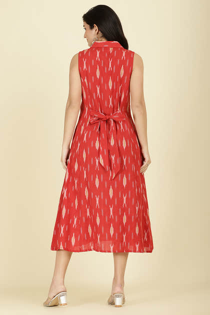Red Cotton Ikat Printed Peonies Dress