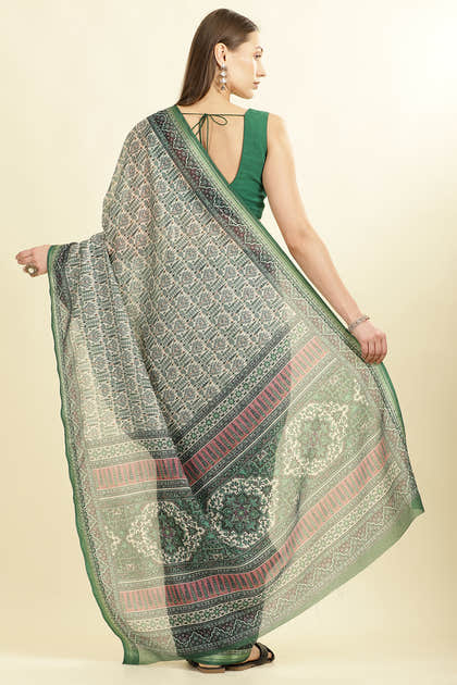 Green Ajrakh Block Printed Cotton Saree
