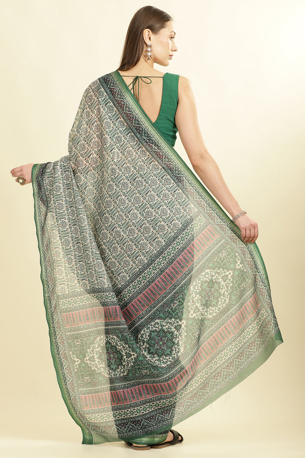 Green Ajrakh Block Printed Cotton Saree
