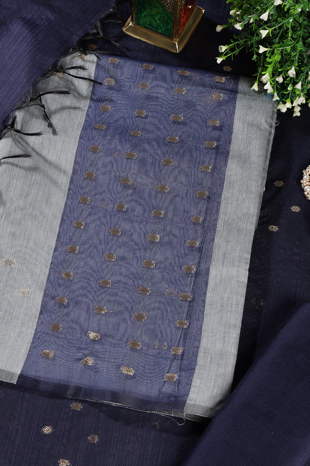 Grey Chanderi Cotton Zari Woven Unstitched Suit Fabric