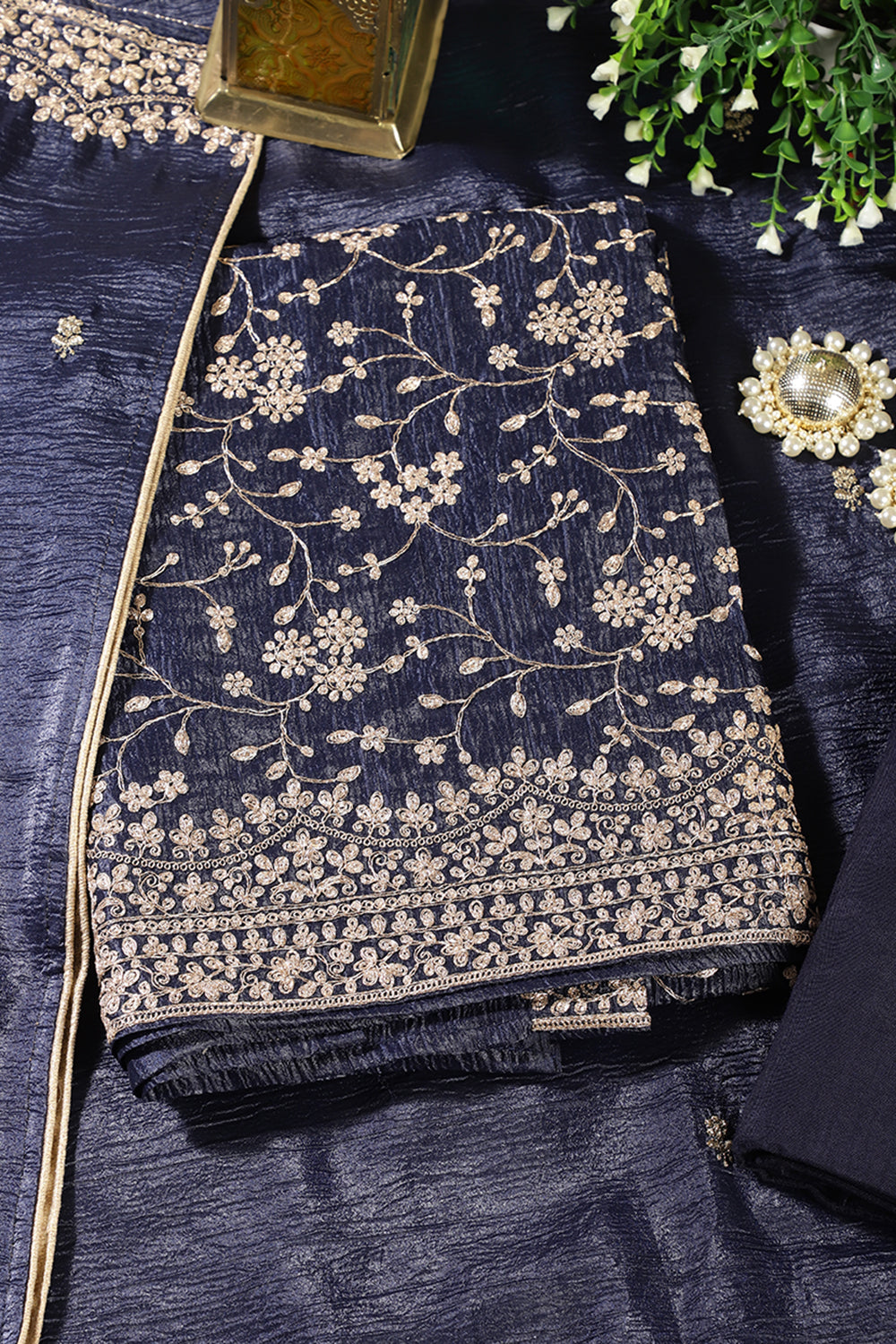 Navy Tissue Silk Zari Embroidered Unstitched Suit Material