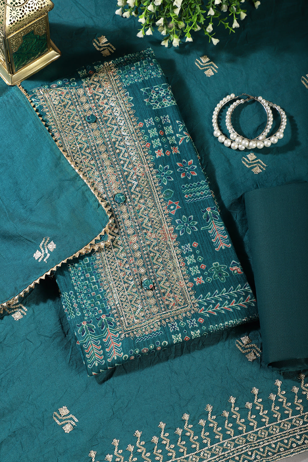 Teal Digital Printed & Neck Embroidered Cotton Unstitched Suit